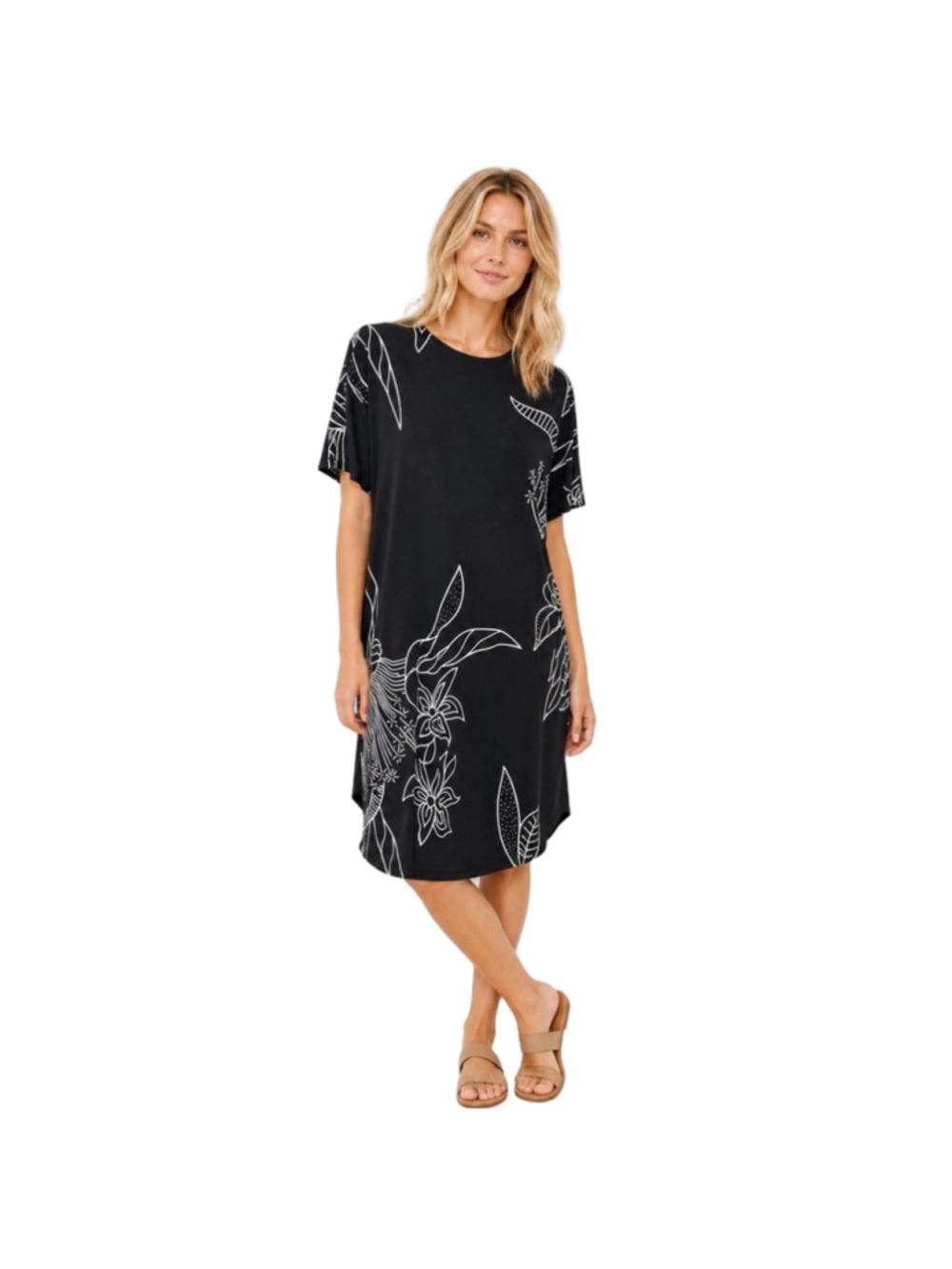 Clara Sunwoo Shift Dress Black White Botanical Line Art Floral Stretch Size S